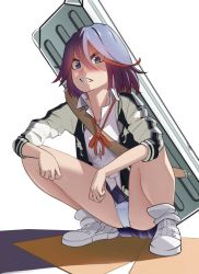 Rule 34 | 1girl, absurdres, black hair, blue eyes, case, collared shirt, hair between eyes, highres, jewelry, kill la kill, looking at viewer, madaotheory, matoi ryuuko, multicolored hair, necklace, panties, pleated skirt, red hair, red neckwear, school uniform, shirt, shoes, short hair, simple background, skirt, sneakers, solo, squatting, standing, streaked hair, sweater, two-tone hair, underwear, white background, white panties, white shirt