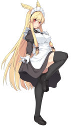 Rule 34 | 1girl, alternate costume, apron, black dress, black footwear, black thighhighs, blonde hair, breasts, dress, enmaided, fate/grand order, fate (series), frilled apron, frills, full body, gloves, hair ribbon, head wings, loafers, long hair, long sleeves, maid, maid apron, maid headdress, mary janes, medium breasts, puffy long sleeves, puffy sleeves, red eyes, ribbon, shiseki hirame, shoes, sidelocks, simple background, solo, standing, standing on one leg, thighhighs, thrud (fate), thrud (valkyrie style) (fate), tress ribbon, valkyrie (fate), very long hair, waist apron, white background, white gloves, wings