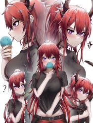 Rule 34 | 1girl, ?, absurdres, anger vein, arknights, belt, belt buckle, black belt, black shirt, blush, breasts, buckle, closed mouth, commentary request, eating, food, groin, hair between eyes, highres, holding, holding food, horns, ice cream, ice cream cone, kafu (kafu6416), long hair, looking at viewer, medium breasts, multiple views, hugging object, ponytail, purple eyes, red hair, shirt, short sleeves, surtr (arknights), sword, v-shaped eyebrows, very long hair, wavy mouth, weapon