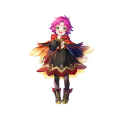 Rule 34 | 1girl, absurdres, alternate costume, black dress, boots, capelet, child, commentary request, dress, facial mark, fae (fire emblem), feather trim, fire emblem, fire emblem: the binding blade, fire emblem heroes, forehead mark, gold trim, gradient clothes, green eyes, hand up, highres, long sleeves, looking at viewer, nintendo, noots, official art, open mouth, pantyhose, pointy ears, satoupote, short dress, short hair, simple background, smile, standing, teeth, upper teeth only, white background