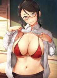 Rule 34 | 1girl, absurdres, bikini, black hair, blouse, blush, breasts, brown eyes, cleavage, collared shirt, glasses, highres, large breasts, looking at viewer, navel, open clothes, open shirt, original, red bikini, shirt, short hair, sidelocks, skirt, smile, solo, sweat, swimsuit, swimsuit under clothes, tachibana omina, unbuttoned, undressing, white shirt