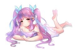 Rule 34 | 1girl, barefoot, blush, brown eyes, cawang, full body, hair ribbon, kyoka (princess connect!), long hair, lying, nightgown, on stomach, pointy ears, princess connect!, purple hair, ribbon, simple background, solo, strap slip, twintails, very long hair, white background