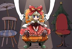 Rule 34 | 1girl, :3, blonde hair, blue eyes, bubble skirt, capelet, chair, christmas tree, disembodied hand, dress, fifiruu, gloves, innertube, jack-o&#039;-lantern print, medicine melancholy, out of frame, outstretched arms, reaching, shoes, short hair, sitting, skirt, smile, solo, solo focus, spotlight, swim ring, touhou, umbrella, white gloves