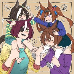Rule 34 | !, 4girls, aged down, agnes tachyon (umamusume), animal ears, asuka (junerabitts), barefoot, blouse, blue shirt, boots, brown hair, carrying, child, daiwa scarlet (umamusume), eyepatch, grabbing another&#039;s ear, green shirt, green shorts, hand on another&#039;s ear, horse ears, horse girl, horse tail, jacket, leg grab, long sleeves, motion lines, multicolored hair, multiple girls, musical note, notice lines, off-shoulder shirt, off shoulder, one eye closed, open mouth, outstretched arm, overall skirt, purple eyes, purple hair, purple shirt, red eyes, shirt, short hair, shorts, shoulder carry, smile, spoken exclamation mark, spoken musical note, striped clothes, striped shirt, tail, tanino gimlet (umamusume), tiara, twintails, two-tone hair, umamusume, vodka (umamusume), yellow eyes, yellow footwear, yellow jacket