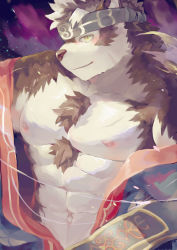 Rule 34 | 1boy, abs, absurdres, ainu clothes, alternate costume, animal ears, bara, blush, furry, furry male, grey hair, happi, headband, highres, horkeu kamui, japanese clothes, kimono, large pectorals, light, looking at viewer, male focus, mowang yu, multicolored hair, muscular, muscular male, nipples, pectorals, photoshop (medium), simple background, smile, solo, tokyo houkago summoners, undressing, upper body