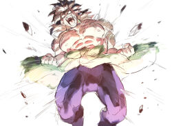Rule 34 | 1boy, abs, arms at sides, berserker rage, black hair, blank eyes, broly (dragon ball super), debris, dragon ball, dragon ball super, dragon ball super broly, feet out of frame, large pectorals, male focus, mudani narimasu, muscular, muscular male, nipples, pectorals, shaded face, short hair, solo, spiked hair, thighs, topless male