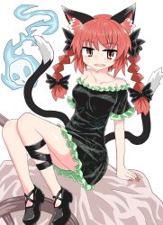 Rule 34 | 1girl, animal ears, black bow, black dress, black footwear, black legwear, black tail, bow, braid, breasts, cat ears, cat tail, chups, dress, extra ears, fang, frilled dress, frilled sleeves, frills, full body, green frills, hair bow, highres, hitodama, kaenbyou rin, looking at viewer, nail polish, off-shoulder dress, off shoulder, open mouth, red eyes, red hair, red nails, short hair, short sleeves, simple background, sitting, sitting on object, solo, tail, touhou, twin braids, wheelbarrow, white background