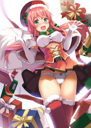 Rule 34 | 1girl, :d, belt, beret, bow, bowtie, box, breasts, capelet, christmas, crop top, elbow gloves, fur trim, gift, gift box, gloves, gold trim, green eyes, hands up, hat, highres, holding, holding sack, long hair, looking at viewer, medium breasts, miniskirt, open mouth, original, panties, pantyshot, pink hair, pleated skirt, red hat, red skirt, red thighhighs, sack, shirt, simple background, skirt, sleeveless, sleeveless shirt, smile, solo, thighhighs, underbust, underwear, white background, white gloves, white panties, white shirt, wreath, yuuki yuu