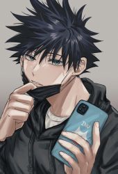 Rule 34 | 1boy, black hair, black hoodie, cellphone, commentary request, drawstring, fushiguro megumi, fushirun rung, green eyes, hair between eyes, highres, holding, holding phone, hood, hood down, hoodie, jujutsu kaisen, long sleeves, looking at viewer, male focus, mask, mask pull, mouth mask, parted lips, phone, shirt, short hair, smartphone, smile, solo, spiked hair