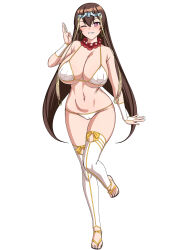 Rule 34 | 1girl, bare shoulders, bead necklace, beads, bikini, breasts, bridal gauntlets, brown hair, cleavage, covered erect nipples, detached sleeves, earrings, fate/grand order, fate (series), full body, grin, hair between eyes, headpiece, highres, hoop earrings, jewelry, large breasts, long hair, looking at viewer, muta poo, navel, necklace, one eye closed, prayer beads, purple eyes, sandals, smile, solo, swimsuit, thighhighs, white bikini, white thighhighs, xuangzang sanzang (fate)