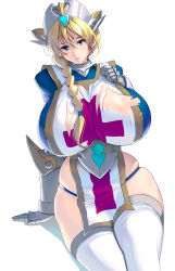 Rule 34 | 1girl, armor, blonde hair, blue eyes, braid, breasts, covered erect nipples, curvy, headgear, highres, huge breasts, knight, kouno (masao), long hair, long sleeves, looking at viewer, original, plump, skindentation, solo, tears, thick thighs, thighhighs, thighs, torn clothes, wide hips