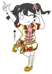 Rule 34 | 1girl, :p, artist name, artist request, black hair, blush, boots, bow, checkered clothes, checkered skirt, collared shirt, corset, female focus, full body, hair bow, highres, looking at viewer, love live!, love live! school idol festival, love live! school idol festival all stars, love live! school idol project, neckerchief, nico nico nii, one eye closed, parted lips, pink neckerchief, pink ribbon, pupeto1847, red eyes, red skirt, ribbon, shirt, short hair, skirt, smile, solo, standing, standing on one leg, tongue, tongue out, twintails, white background, white legwear, white shirt, yazawa nico, yellow footwear