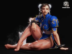 Rule 34 | 3d, black background, blue dress, boots, bracelet, breasts, brown eyes, brown hair, brown legwear, bun cover, capcom, china dress, chinese clothes, chun-li, double bun, dress, feet, hair bun, hair pulled back, highres, jewelry, koupantyhose, lips, medium breasts, muscular, muscular female, pantyhose, pelvic curtain, puffy short sleeves, puffy sleeves, sash, short sleeves, side slit, sitting, smell, spiked bracelet, spikes, steaming body, street fighter, street fighter ii (series), thick thighs, thighs, white footwear