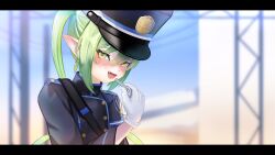 Rule 34 | 1girl, black hat, black jacket, blue archive, blurry, blurry background, commentary, earrings, fang, gloves, green hair, hair between eyes, hand up, hat, highres, holding, holding whistle, jacket, jewelry, long hair, long sleeves, looking at viewer, nozomi (blue archive), open mouth, peaked cap, pointy ears, rancidronin, skin fang, solo, twintails, whistle, white gloves, yellow eyes