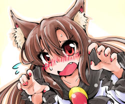 Rule 34 | 1girl, animal ears, blush, brooch, brown hair, claw pose, collar, fang, flying sweatdrops, hair between eyes, imaizumi kagerou, jewelry, long hair, long sleeves, looking at viewer, nail polish, nose blush, open mouth, portrait, red eyes, red nails, shinapuu, shirt, skirt, solo, sweat, touhou, upper body, wide sleeves, wolf ears