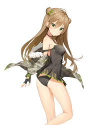 Rule 34 | 1girl, ahoge, ass, bad id, bad pixiv id, black gloves, black panties, blush, bow, breasts, brown hair, camisole, camouflage, camouflage jacket, closed mouth, double bun, fingerless gloves, from behind, fur trim, girls&#039; frontline, gloves, green bow, green eyes, hair between eyes, hair bow, hair bun, highres, jacket, kneepits, long hair, looking at viewer, looking back, medium breasts, mokew, open clothes, open jacket, panties, revision, rfb (girls&#039; frontline), sidelocks, simple background, smile, solo, strap slip, thighs, tsurime, underwear, white background