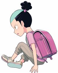Rule 34 | 1boy, aged down, alternate costume, backpack, bag, black eyes, black hair, child, commentary, commentary request, english commentary, full body, hasami (hasami25), high ponytail, kouzuki momonosuke, male focus, mixed-language commentary, one piece, pink shirt, ponytail, randoseru, shirt, short sleeves, simple background, sitting, solo, white background
