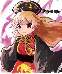 Rule 34 | 1girl, belt, black belt, black dress, black hat, bow, bowtie, closed mouth, crescent, donki (yeah), dress, energy, hair between eyes, hat, junko (touhou), long hair, long sleeves, looking at viewer, orange hair, pom pom (clothes), red eyes, red vest, simple background, smile, solo, tabard, touhou, vest, white background, wide sleeves, yellow bow, yellow bowtie