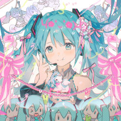 Rule 34 | 1girl, aqua eyes, aqua hair, aqua necktie, balabling, black sleeves, character doll, collared shirt, commentary, crumbs, detached sleeves, emoji, food, food on face, grey shirt, hair ribbon, hatsune miku, highres, holding, holding food, long hair, microphone, necktie, one eye closed, pink ribbon, ribbon, rope, shirt, simple background, sleeveless, sleeveless shirt, spring onion, star-shaped pupils, star (symbol), symbol-only commentary, symbol-shaped pupils, unicorn, upper body, vocaloid, white background, winged unicorn