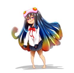 Rule 34 | 1girl, :d, absurdres, barefoot, black hair, black sailor collar, black skirt, blue hair, blush, bow, commentary request, gradient hair, green hair, hair between eyes, highres, idaten93, long hair, long sleeves, looking at viewer, multicolored hair, open mouth, original, parasite, personification, pleated skirt, purple eyes, red bow, red hair, sailor collar, school uniform, serafuku, shadow, shirt, skirt, sleeves past wrists, smile, solo, standing, very long hair, white background, white shirt