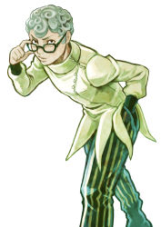 Rule 34 | 1boy, adjusting eyewear, blue hair, chounorin, ghiaccio, glasses, hand in pocket, jojo no kimyou na bouken, looking at viewer, male focus, pants, simple background, solo, striped clothes, striped pants, vertical-striped clothes, vertical-striped pants, white background