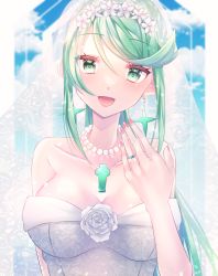 Rule 34 | 1girl, absurdres, amanoru mozuku, breasts, bride, chest jewel, dress, green eyes, green hair, highres, jewelry, large breasts, long hair, pneuma (xenoblade), ponytail, ring, solo, swept bangs, very long hair, wedding, wedding dress, white dress, xenoblade chronicles (series), xenoblade chronicles 2