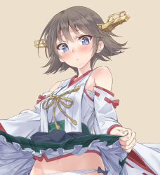 Rule 34 | 10s, 1girl, bare shoulders, blue eyes, blush, brown hair, clothes lift, detached sleeves, embarrassed, flipped hair, green skirt, hair ornament, hairband, headgear, hiei (kancolle), japanese clothes, kantai collection, looking at viewer, miniskirt, no legwear, nontraditional miko, panties, plaid, plaid skirt, short hair, side-tie panties, skirt, skirt lift, solo, underwear, wide sleeves, yahako