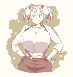 Rule 34 | 1girl, alternate breast size, breasts, cow girl, cow tail, drawn, hair ribbon, hands on own hips, hataraki ari, horns, huge breasts, looking at viewer, original, ribbon, smile, solo, standing, sukimi, tail, twintails, white hair, yellow eyes