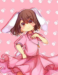 Rule 34 | 1girl, absurdres, animal ears, blush, blush stickers, carrot necklace, closed mouth, commentary request, cowboy shot, dress, flat chest, floppy ears, hair between eyes, hand on own hip, highres, inaba tewi, jewelry, looking at viewer, necklace, omochinegi, outline, pink background, pink dress, pixel art, rabbit ears, rabbit girl, rabbit tail, red eyes, short hair, smile, solo, tail, touhou, v-shaped eyebrows, white outline