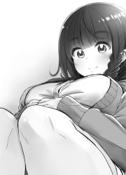 Rule 34 | 10s, 1girl, absurdres, blush, braid, breasts, cardigan, closed mouth, from below, greyscale, highres, knees, large breasts, legs together, long hair, looking at viewer, matsukaze mayu, monochrome, nande koko ni sensei ga!?, open cardigan, open clothes, partially unbuttoned, side braid, smile, soborou, solo, tareme, teacher