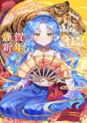 Rule 34 | 1girl, 2022, absurdres, bad id, bad twitter id, blue dress, blue hair, bracelet, chinese zodiac, closed mouth, commentary, dress, flower, folding fan, green eyes, halterneck, hand fan, happy new year, hat, highres, holding, holding fan, inactive account, jewelry, light smile, long hair, looking at viewer, medium dress, new year, omodaka romu, original, parted bangs, pleated dress, red flower, sitting, solo, tiger, very long hair, year of the tiger