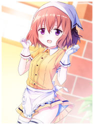 Rule 34 | 1girl, :d, alisia0812, blend s, brown hair, eyebrows hidden by hair, gloves, hair between eyes, hands up, highres, hoshikawa mafuyu, indoors, looking at viewer, open mouth, purple eyes, short hair, skirt, smile, solo, standing, stile uniform, thighhighs, waitress, white gloves, window, yellow skirt