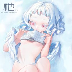 Rule 34 | 1girl, angel, artist name, averting eyes, blue background, blue theme, book, breasts, closed mouth, colored eyelashes, completely nude, covering privates, covering breasts, curly hair, english text, engrish text, feathered wings, female focus, forehead, half-closed eyes, halo, hands up, highres, holding, holding book, japanese text, kaede (shijie heping), knees up, looking to the side, lying, navel, nude, on back, open book, original, ranguage, red eyes, short hair, shy, sidelocks, simple background, small breasts, solo, stomach, translation request, underboob, upper body, white hair, white wings, wings