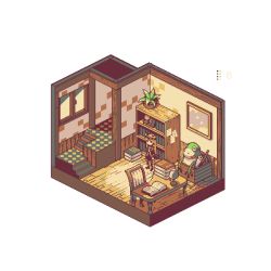 Rule 34 | animal ears, artist request, blonde hair, book, book stack, bookshelf, brown theme, cat ears, cat tail, chair, coat, creature, desk, doll, floorplan, headband, interior, isometric, lamp, long hair, lowres, oekaki, original, painting (object), pixel art, plant, potted plant, room, roomscape, source request, stairs, tail, window, wooden floor