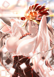 Rule 34 | 1girl, absurdres, armpits, arms behind head, arms up, backlighting, bare shoulders, bead necklace, beads, black hair, breasts, cleavage, facial mark, fate/grand order, fate (series), forehead, headpiece, highres, himiko (fate), himiko (third ascension) (fate), japanese clothes, jewelry, kimono, large breasts, long hair, long sleeves, looking at viewer, magatama, magatama necklace, nakagawa kanon (pixiv32798535), necklace, no bra, off shoulder, open mouth, parted bangs, sideboob, white kimono, wide sleeves