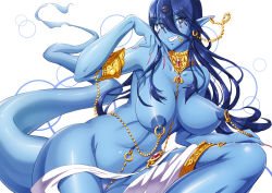 Rule 34 | 1girl, armlet, between breasts, between legs, blue hair, blue skin, breasts, colored skin, female focus, jeibii, jewelry, large breasts, long hair, lots of jewelry, magi the labyrinth of magic, nail polish, navel, nipple chain, nipple piercing, nipples, nude, paimon (magi), piercing, pointy ears, puffy nipples, purple eyes, pussy, simple background, solo, tail, thighs, uncensored, white background