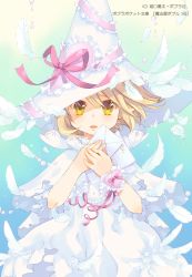 Rule 34 | 1girl, :o, blue background, capelet, copyright request, dress, feathers, gradient background, hands up, hat, hat ribbon, kuga tsukasa, parted lips, pink ribbon, ribbon, solo, translation request, watermark, white capelet, white dress, white hat, witch hat, wristband, yellow eyes