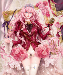 Rule 34 | 1girl, ascot, blue eyes, blue nails, bouquet, bow, flower, formal, frilled sleeves, frills, garter straps, gem, gold trim, grin, hair between eyes, highres, holding, holding microphone, jewelry, lipstick, long hair, long sleeves, looking at viewer, makeup, megurine luka, microphone, mirror, parted lips, pink flower, pink hair, pink rose, pink theme, purple ribbon, red bow, red lips, red ribbon, red shirt, ribbon, rose, sapphirez39, shirt, smile, solo, standing, thigh gap, thighhighs, tiara, very long hair, vocaloid, white thighhighs, wide sleeves