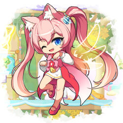 Rule 34 | 1girl, ;d, angelic buster, blue eyes, bow, cape, dress, fang, flower, full body, hair between eyes, highres, horns, long hair, long sleeves, looking at viewer, maplestory, nekono rin, one eye closed, open mouth, paw pose, pink bow, pink cape, pink hair, puffy long sleeves, puffy sleeves, red flower, red footwear, shoes, smile, solo, standing, standing on one leg, twintails, very long hair, white dress, yellow flower