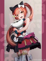 Rule 34 | 1girl, :d, animal hat, artist name, blush, bow, bow skirt, cat hat, crossed wrists, detached collar, frills, garter straps, hair ribbon, hat, hat bow, head tilt, hello kitty, hello kitty (character), highres, holding, long hair, looking at viewer, megaphone, nekomura iroha, open mouth, pink hair, pleated skirt, ponytail, ribbon, round teeth, sanrio, shirt, skirt, sleeveless, sleeveless shirt, smile, solo, swept bangs, teeth, thighhighs, unidentified nk, very long hair, vocaloid, wristband, yellow eyes