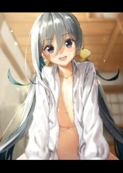 Rule 34 | 10s, 1girl, :d, black eyes, blurry, blush, bow, depth of field, eyebrows, hair between eyes, hair bow, highres, indoors, kantai collection, kawakami rokkaku, kiyoshimo (kancolle), letterboxed, long hair, long sleeves, looking at viewer, naked shirt, navel, open clothes, open mouth, open shirt, pov, shirt, silver hair, smile, solo, unbuttoned, unbuttoned shirt, very long hair
