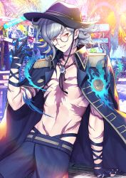 Rule 34 | 1boy, bandaged hand, black jacket, chest tattoo, commentary request, edmond dantes (fate), edmond dantes (monte cristo selection) (fate), energy, fate/grand order, fate (series), fedora, glasses, hat, highres, jacket, jewelry, key, key necklace, kyundoo, long hair, looking at viewer, male focus, necklace, red eyes, sign, smile, tattoo, wavy hair, white hair, yellow eyes