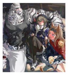 Rule 34 | 1boy, 2girls, alcohol, animal ears, archetto (arknights), arknights, bara, blush, bottle, bounsies, commentary, cow horns, cup, drink, english commentary, furry, furry with non-furry, heterochromia, highres, holding, holding bottle, holding cup, holding drink, horns, interspecies, looking at another, mountain (arknights), multiple girls, pallas (arknights), sitting, tail, tiger boy, white fur