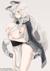 Rule 34 | 1girl, animal ear fluff, animal ears, arknights, artist name, bamuth, belt, black capelet, blush, braid, breasts, bright pupils, capelet, commentary, grey eyes, hand on own chest, head chain, highres, jewelry, large breasts, leopard ears, leopard girl, leopard tail, long hair, looking at viewer, multiple belts, nipples, pelvic curtain, pramanix (arknights), side braids, silver hair, solo, tail, thick eyebrows, turtleneck, unaligned breasts, white pupils