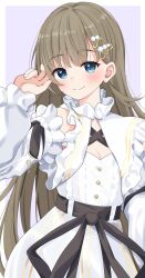 Rule 34 | 1girl, blue eyes, breasts, brown hair, cleavage, closed mouth, detached sleeves, hair ornament, hanabusa lisa, highres, long hair, looking at viewer, medium breasts, purple background, smile, solo, syurimp, two-tone background, virtual youtuber, vspo!, white background, white sleeves