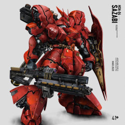 Rule 34 | beam rifle, char&#039;s counterattack, character name, commentary, commentary request, energy gun, english commentary, english text, gundam, highres, kongping0550219, machinery, mecha, missile, missile pod, mobile suit, neo zeon, no humans, original, radio antenna, realistic, redesign, robot, sazabi, scope, shield, signature, solo, weapon