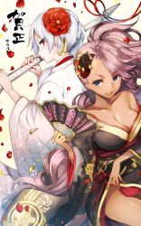 Rule 34 | 2girls, :d, arm under breasts, black flower, black kimono, breasts, cinderella (sinoalice), cleavage, closed mouth, dark-skinned female, dark skin, flower, frown, hair between eyes, hair flower, hair ornament, hand fan, highres, holding, holding polearm, holding spear, holding weapon, japanese clothes, kimono, looking at viewer, multiple girls, nail polish, open mouth, petals, polearm, ponytail, red flower, red nails, sinoalice, smile, snow white (sinoalice), spear, teroru, v-shaped eyebrows, weapon, white kimono