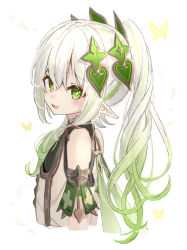 Rule 34 | 1girl, bare shoulders, bug, butterfly, butterfly wings, commentary request, cross-shaped pupils, detached sleeves, dress, flying, from side, genshin impact, gradient hair, green eyes, green hair, grey dress, grey hair, hair between eyes, hair ornament, heart, heart hair ornament, highres, insect, insect wings, long hair, looking at viewer, multicolored hair, nage (sacosui ng), nahida (genshin impact), open mouth, pointy ears, ponytail, short sleeves, sidelocks, simple background, smile, solo, standing, symbol-shaped pupils, teeth, tongue, two-tone hair, white background, wings