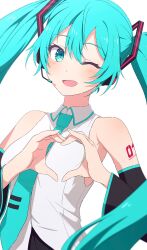 Rule 34 | 1girl, ;d, absurdres, aqua eyes, aqua hair, aqua necktie, arm tattoo, armpit crease, black sleeves, blush, camui1104, collared shirt, detached sleeves, hatsune miku, heart, heart hands, highres, long hair, looking at viewer, necktie, one eye closed, open mouth, shirt, simple background, sleeveless, sleeveless shirt, smile, solo, tattoo, twintails, upper body, very long hair, vocaloid, white background, white shirt