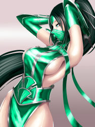 Rule 34 | 1girl, akali, akali (legacy), alternate costume, black hair, breasts, elbow gloves, forehead protector, gloves, green eyes, half mask, hands in hair, highres, kumiko shiba, large breasts, league of legends, long hair, mask, mouth mask, naked tabard, ponytail, ribbon, sideboob, solo, tabard, vambraces, very long hair